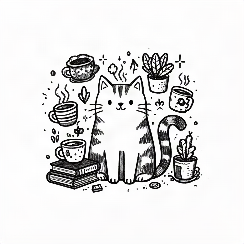 Cat surrounded by coffee cups, plants and books Cat surrounded by coffee cups, plants and books