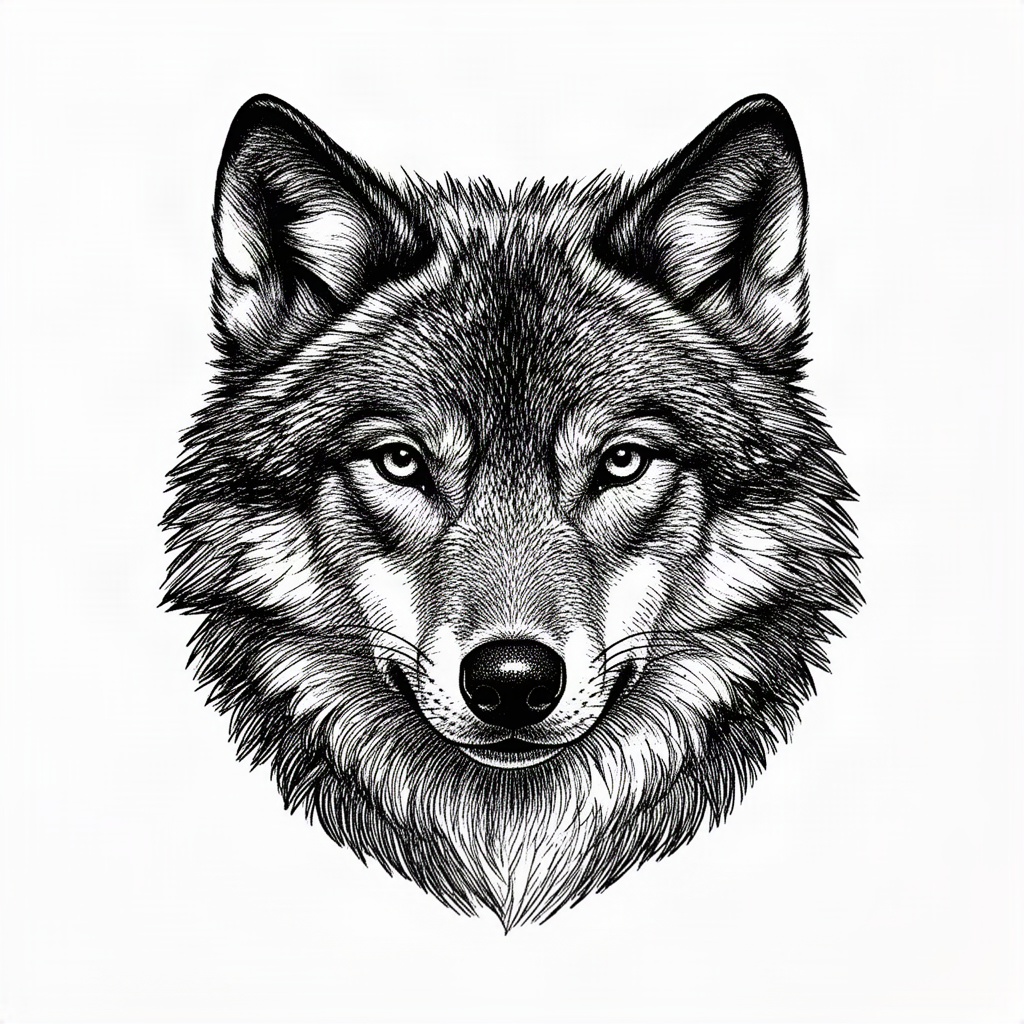 Wolf head front view, intense eyes, for wood engraving Wolf head front view, intense eyes, for wood engraving