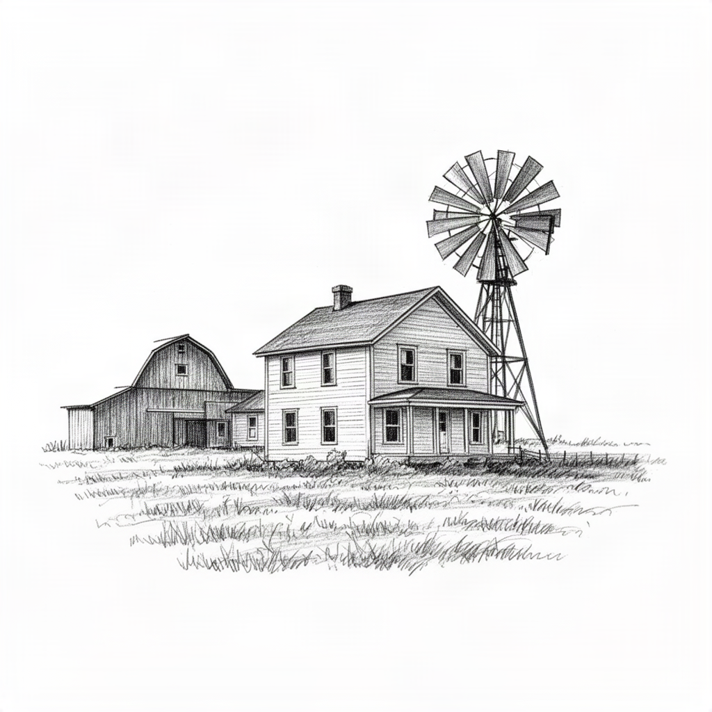 Old farmhouse with a barn and windmill in a field Old farmhouse with a barn and windmill in a field