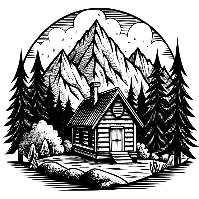 Wood cabin nestled in a pine forest