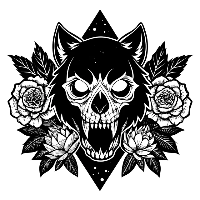 Neo-traditional wolf skull with peonies