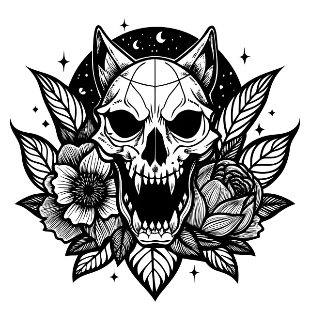 Neo-traditional wolf skull with peonies