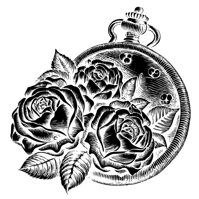 Antique pocket watch wrapped in detailed roses