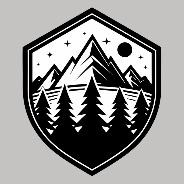 A mountain badge with a pine tree and the sun