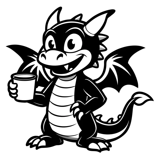 A happy little dragon holding a coffee cup