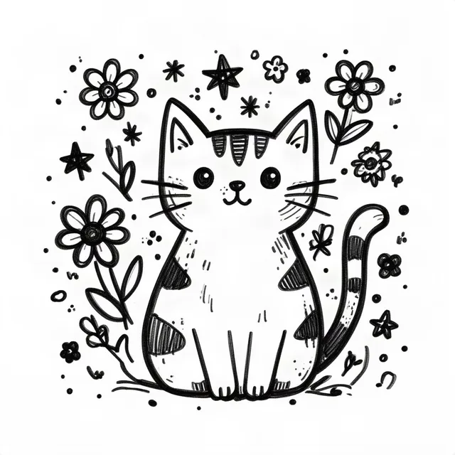 A cat surrounded by flowers and stars