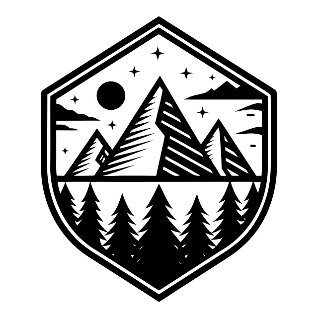 A mountain badge with a pine tree and the sun