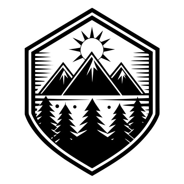 A mountain badge with a pine tree and the sun
