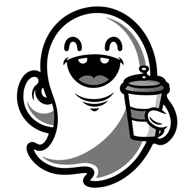 Happy little ghost holding a coffee cup, sticker style with a thick border