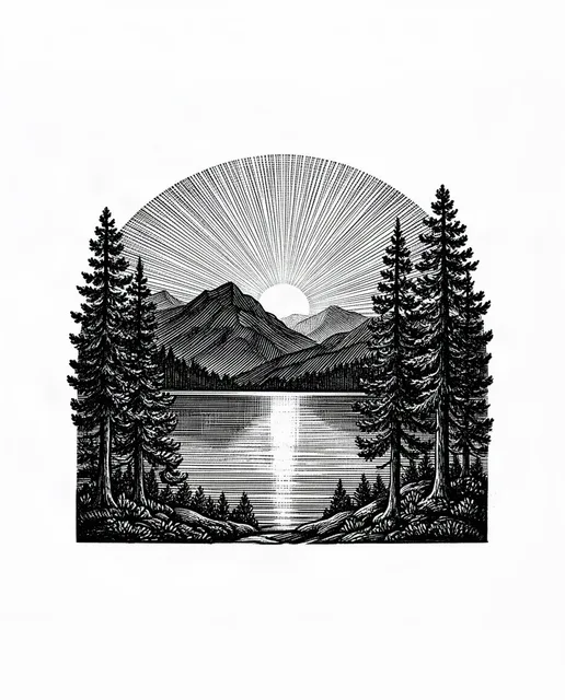 Mountain lake at sunrise with pine trees, deep relief for wood engraving