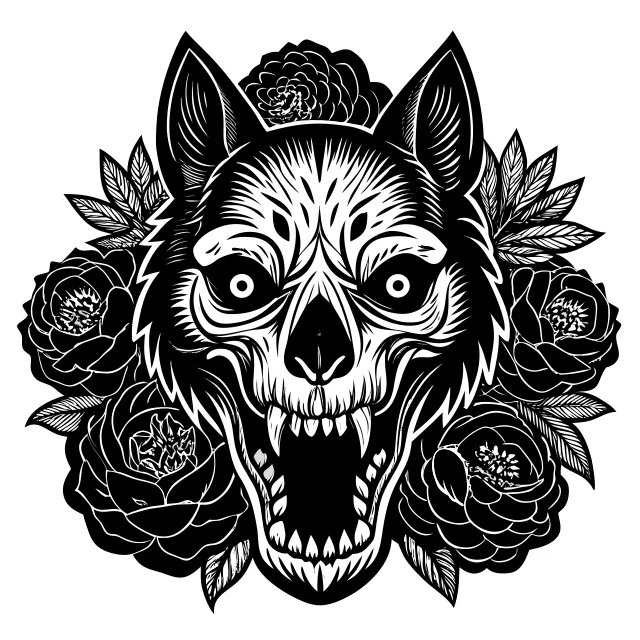 Neo-traditional wolf skull with peonies