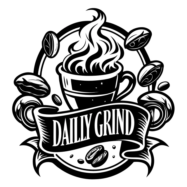 Coffee shop logo with a steaming cup and coffee beans, "Daily Grind" text