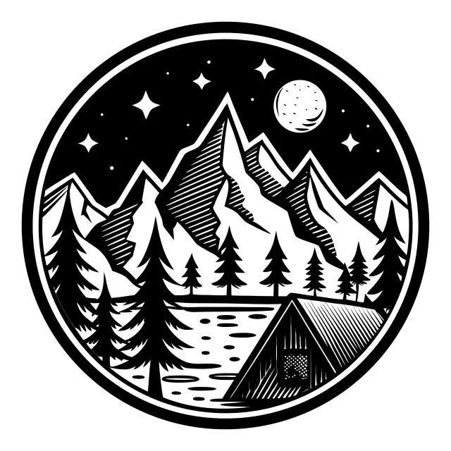 Mountain and pine trees inside a circle badge, adventure camping emblem