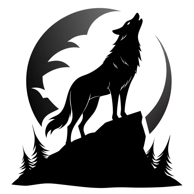 Howling wolf on a rock in front of a full moon