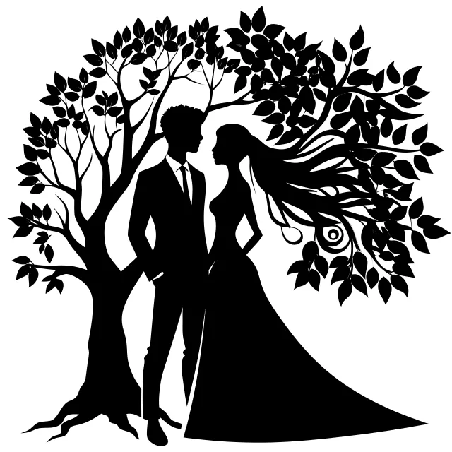 Bride and groom kissing under a tree, wedding silhouette