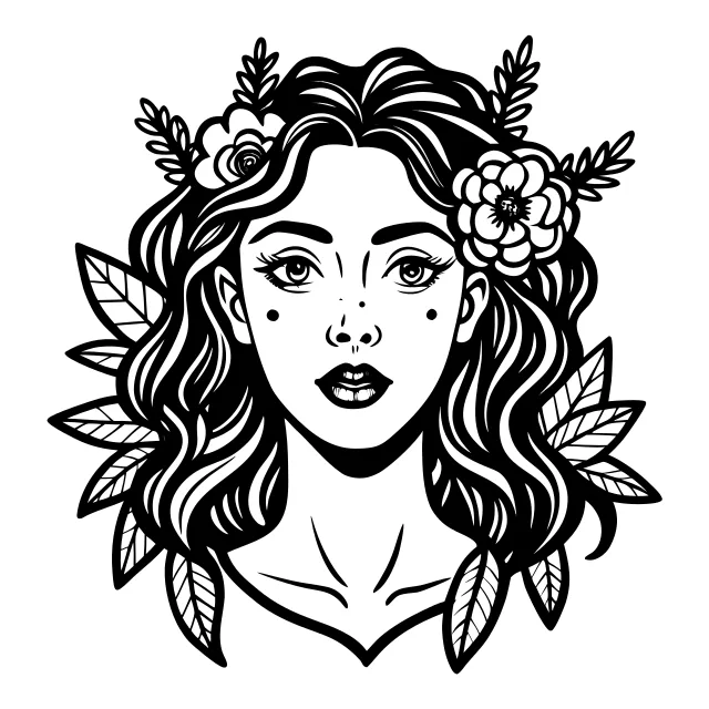 Single continuous line drawing of a woman's face with flowers in her hair