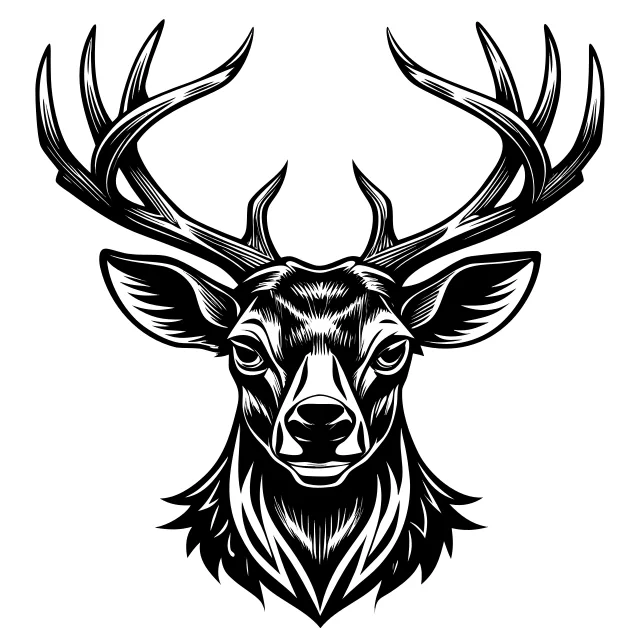 Deer head with large antlers, front view
