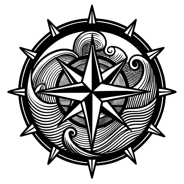 Vintage compass rose with a ship and ocean waves