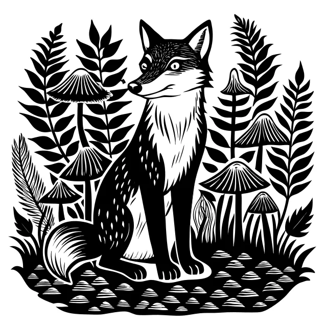Fox sitting in a forest among ferns and mushrooms