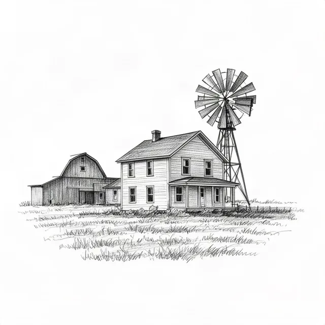 Old farmhouse with a barn and windmill in a field