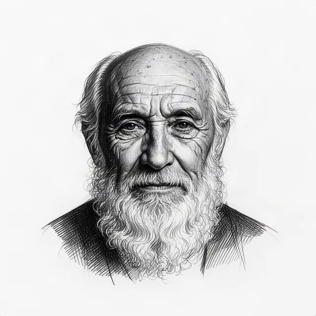 Portrait of an elderly man with a beard and wrinkles, wise expression