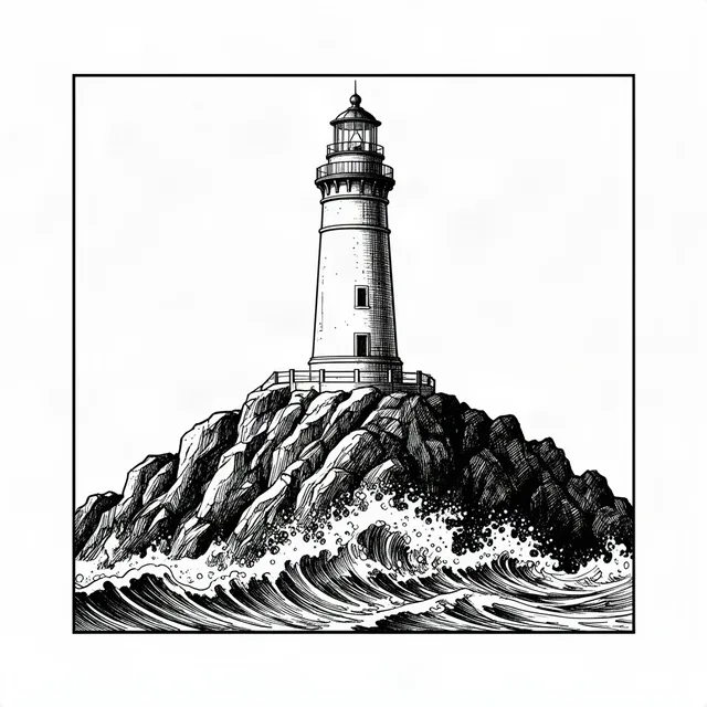 Lighthouse on rocky cliffs with crashing waves