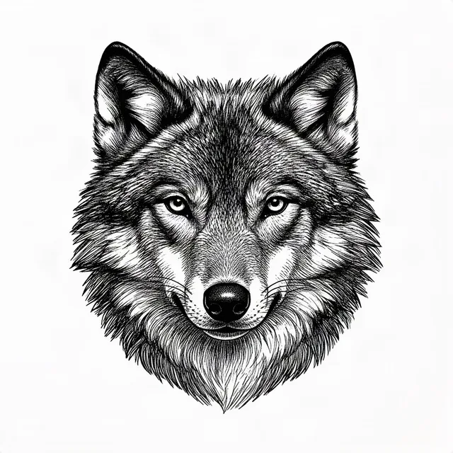 Wolf head front view, intense eyes, for wood engraving