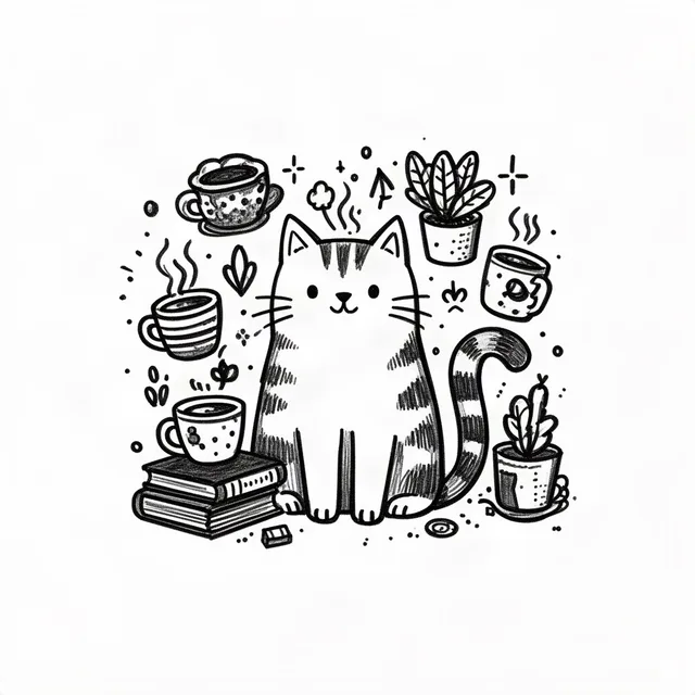 Cat surrounded by coffee cups, plants and books