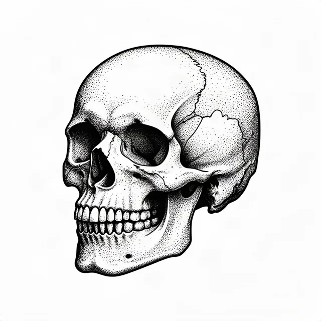 Human skull, three-quarter view