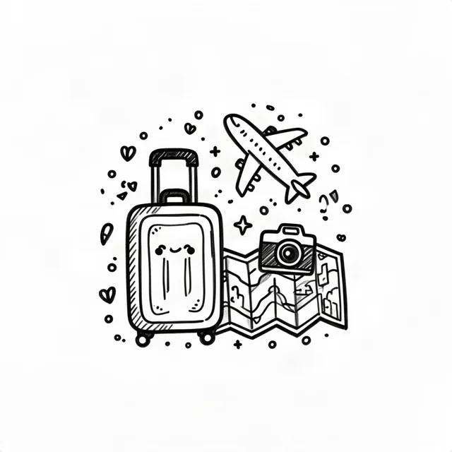 Travel doodle with a suitcase, airplane, camera and map