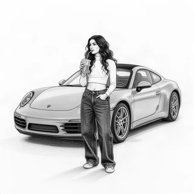 A stylish young woman with long, dark wavy hair, wearing a white long-sleeve cro